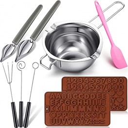 9 Pieces Candy Dipping Tools Set Stainless Steel Double Boiler Melting Boiler Pot Silicone Letter and Number Chocolate Cake Molds with Silicone Spatula for Making Chocolate Candy and Candle
