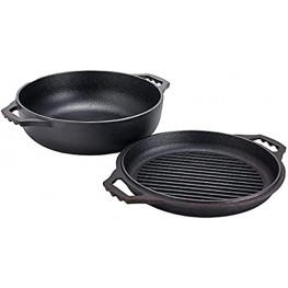 2-in-1 Pre-Seasoned Cast Iron Cocotte Double Braiser Pan with Grill Lid 3.3 Quarts Barbecue Grill Non Stick Frying Pan Casserole Cookware Wide Handle Pre-seasoned Black