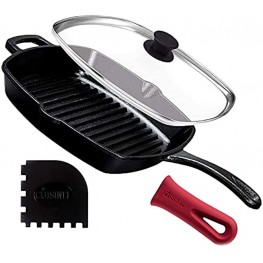 Cuisinel Cast Iron Grill Pan + Glass Lid + Silicone Handle Cover + Pan Scraper 10.5-inch Pre-Seasoned Square Skillet Stovetop Induction Safe Indoor Outdoor Use for Grilling Frying Sautéing