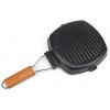 Grill Pan Heavy Duty Iron Steel Nonstick Grill Pan with Wooden Folding Hand1le Cast Portable Frying Pan for Steak Fish and BBQ Easy Grease Draining Filter Folding Handle Induction Skillets24X24CM