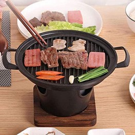 jinding BBQ Alcohol Stove Cast Iron and Aluminum Alloy Mini Grill Single Serving Household Hibachi Grill Roasting Pans with Wooden Base and Fuel Holder,Black