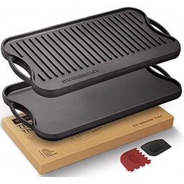 Overmont Pre-seasoned Cast Iron Reversible Griddle Grill Pan with handles for Gas Stovetop Open Fire Oven 17x9.8- One tray Scrapers Included