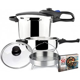 MAGEFESA FAVORIT SIX Super-Fast pressure cooker stainless steel suitable induction heat diffuser bottom 5 safety systems SPECIAL EDITION 3 + 6 QUART+ Steam basquet + Lid + Recipe book