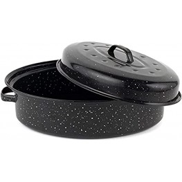 16" Turkey Roasting Pan with Lid Covered Oval Roaster Enamel Carbon Steel Roaster Pot Excellent Heat Distribution and Non-sticky for Chicken Meat & Vegetables -Birthday and Holiday gifts