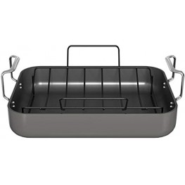 Roasting Pan By Kook Hard Anodized Roaster Non stick with Metal Rack and Stainless Steel Handles 17 Inches from Handle to Handle Grey