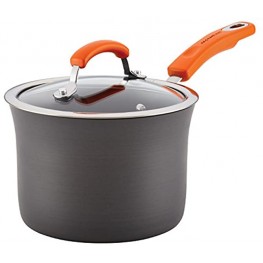 Rachael Ray Brights Hard Anodized Nonstick Sauce Pan Saucepan with Lid 3 Quart Gray with orange handles