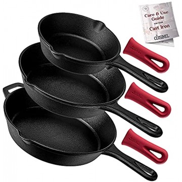 Cuisinel Cast Iron Skillet Set 3-Piece: 6" + 8" + 10"-Inch Chef Frying Pans Pre-Seasoned Oven Safe Cookware + 3 Heat-Resistant Handle Covers Indoor Outdoor Use Grill Stovetop BBQ Fire Safe