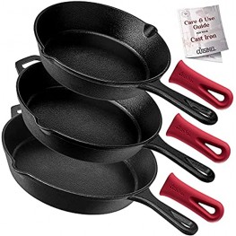 Cuisinel Cast Iron Skillet Set 3-Piece: 8" + 10" + 12"-Inch Chef Frying Pans Pre-Seasoned Oven Safe Cookware + 3 Heat-Resistant Handle Covers Indoor Outdoor Use Grill Stovetop BBQ Fire Safe
