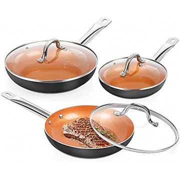 SHINEURI 6 Pieces Nonstick Copper Pans with Lid Copper Frying Pans Copper Nonstick Frying Pans Copper Pans with Lid Copper Skillets with Lid Ceramic Fry Pan Copper Pans for Cooking 8 9.5 11 inch