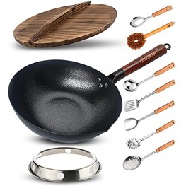Biziein Carbon Steel Wok,Nonstick Stir-Fry Frying Pans with Lid  Flat Bottom Wok Set with 7 Wooden Handle Cookware Accessories for Electric,Induction and Gas Stoves
