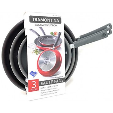 Tramontina Gourmet Selection 3 Piece Set Nonstick Saute Pans 8 10 & 12 Heavy-Gauge Aluminium High Performance Nonstick Riveted Silicone Handles Metallic Canyenne Red