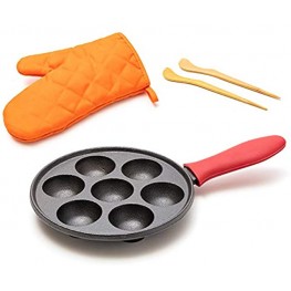 Cast Iron Aebleskiver Pan for Authentic Danish Stuffed Pancakes Complete with Bamboo Skewers Silicone Handle and Oven Mitt by KUHA