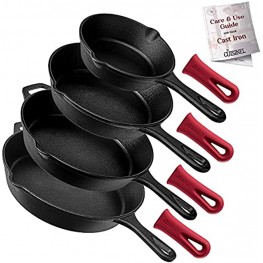 Cuisinel Cast Iron Skillet Set 4-Piece Chef Pan 6 + 8 + 10 + 12-Inch + 4 Heat-Resistant Handle Holders Pre-seasoned Oven Safe Cookware Indoor Outdoor Use Grill Stovetop Induction Safe