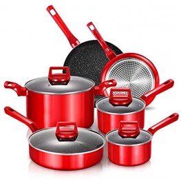 10 Pcs Pots and Pans Sets Nonstick Cookware Set Induction Pan Set Chemical-Free Kitchen Sets Saucepan Saute Pan with Lid Frying Pan Red