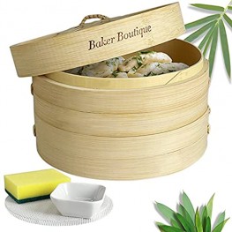 Bamboo Steamer 8 Inch 2 Tier Bamboo Steamer Basket Natural Steamer Bamboo with Lid Contains 1 Sauce Dish 1 Scrub Sponge 2 Silicone Steamer Liners for Dumplings Dim Sum Bao Bun