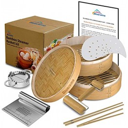 Bamboo Steamer basket Kit 10 inch with Lid,Dumpling Maker,handmade Cookware for cooking,Two Tier,Healthy Food Steamer,Chinese Cooker for Vegetables,Dim Sum,Chopstick,Cutter dough,Rolling Roll,Bao Buns
