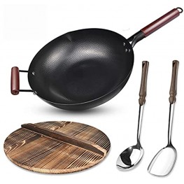 Carbon Steel Wok Flat Bottom,Woks and Stir Fry Pans Nonstick with Spatulas & Spoon,Uncoated Cooking Wok Pan with Wooden Handle,Chinese Pans and Pots for Electric Induction and Gas