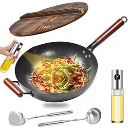 Carbon Steel Wok Pan Chemical-free Woks and Stir Fry Pans with Lid & Oil Sprayer Chinese Iron Pot with Wooden Handle 12.6" Cooking Pans for Electric Induction Gas Stoves Flat Bottom Even Heating