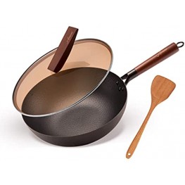 Carbon Steel Wok with Lid and Wooden Spatula 12.5 Inch Flat Bottom Wok Pan for Gas Electric and Induction Stoves Heat-Resistant Handle and Glass Lid with Stand Versatile Stir Fry Pan