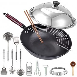 DZZIT 13 Carbon Steel Wok 14 Pcs with Lid Round Bottom Wok Set No Chemical Coated Chinese Wok 12 Cookware Accessories Wok with Detachable Wooden Handle for Gas Stove or Cassette Furnace
