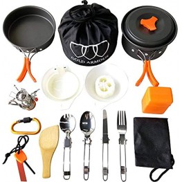Gold Armour 17 Pieces Camping Cookware Mess Kit Backpacking Gear and Hiking Outdoors Bug Out Bag Cooking Equipment Cookset | Lightweight Compact Durable Pot Pan Bowls Orange