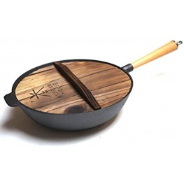 Kasian House Cast Iron Wok with Wooden Handle and Lid Pre-Seasoned 12 Diameter Chinese Wok with Flat Bottom Heavy Duty Stir Fry Pan