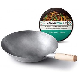 Mammafong Round Bottom Carbon Steel Wok Pan Authentic Hand Hammered Woks and Stir Fry Pans 12-inch Pow Wok for gas stoves