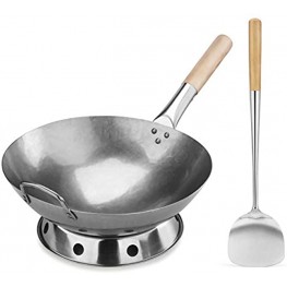 New Star Foodservice 1028720 Carbon Steel Pow Wok Set with Wood and Steel Helper Handle Hand Hammered Includes 14" Round Bottom Wok Wok Rack Ring and Spatula Hand Wash Recomended