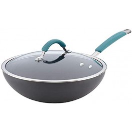 Rachael Ray Cucina Hard Anodized Nonstick Stir Fry Wok Pan with Lid 11 Inch Gray with Blue Handles