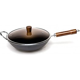 WANGYUANJI Carbon Steel Wok 12.59" Woks and Stir Fry Pans Cleaning Cloth & Brush for Free Chinese Traditional Iron Pot with Detachable Wooden Handle Practical Gift
