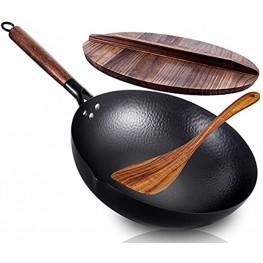 Wok Pan with Lid & Spatula 12.5" Carbon Steel Wok Flat Bottom No Chemical Coated Chinese Wok for Electric Induction & Gas Stoves Nonstick Iron Wok and Stir Fry Pan with Detachable Wooden Handle