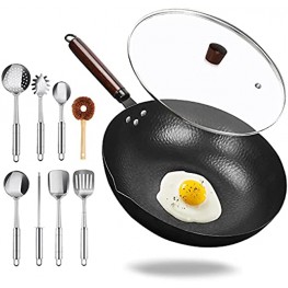 Wok Pan YUOIOYU 12.5 Carbon Steel Wok with Glass Lid 10 Pieces Wok Set No Chemical Coated Flat Bottom Wok with Detachable Handle Woks & Stir Fry Pans Suit for All Stoves