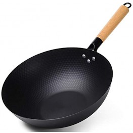 YIIFEEO Carbon Steel Wok Pan Nonstick Chinese Hammered Cast Iron Stir Fry Pan with Flat Bottom and Wooden Handle for Electric Stove and Induction Stove12.5 inch