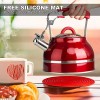 Secura Whistling Tea Kettle 2.3 Qt Tea Pot Stainless Steel Hot Water Kettle for Stovetops with Silicone Handle Tea Infuser Silicone Trivets Mat Red