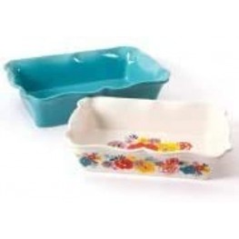 COLIBYOU 2-Piece Decorated Rectangular Ruffle Top Ceramic Bakeware Set turquoise & floral
