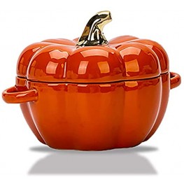 MDZF SWEET HOME Ceramic Pumpkin Bowl Individual Casserole Baking Bowl for Oven Bakeware with Lid 14 Oz Orange