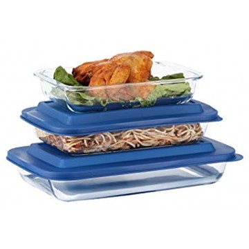 Doonmi- 3 Pack Classic Glass Baking Dish with Blue Lid 1.6 Quart 2.2 Quart and 3 Quart Freezer-to-Oven Safe Baking Dishes BPA-Free Lids Perfect for Cooking Cake Dinner Food Storage Banquet and Daily Use.