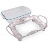 Arthur Court Metal Pyrex Glass Casserole Dish Holder Fleur-De-Lis Pattern Sand Casted in Aluminum with Artisan Quality Hand Polished Design Tarnish-Free 17 inch Long 3 Qt Removable Dish Included