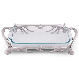 Arthur Court Metal Pyrex Glass Casserole Dish Holder Rustic Antler Pattern Sand Casted in Aluminum with Artisan Quality Hand Polished Design Tarnish-Free 21 inch Long 3 Quart Removable Dish Included