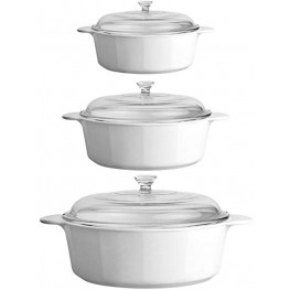 CorningWare Pyroceram Classic Round Casseroles Cooking Pots with Handles & Glass Covers 3.5 Quart 2.4 Quart & 1.3 Quart White