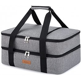 Ingkee Insulated Casserole Carrier Double Decker Thermal Tote Bag for Hot or Cold Food Transport Potluck Parties Picnic Cookouts Fits 9"x13" Baking Dish Grey Double Compartment