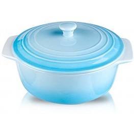 Joyroom Porcelain Covered Round Casserole Dish Lasagna Pan with Lid for Dinner Kitchen 9 inch Round Baking Dishes for Oven with Lids Banded Collection Gradient Pale Blue