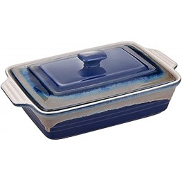 LOVECASA Stoneware Large Casserole Dish with Lid 4.2 Quart Covered Rectangular Casserole Dish Set Deep Bakeware Pans Set for Lasagne and Casseroles with Lid 12.8 x 9.4 x 3.5 Inch Blue and Grey
