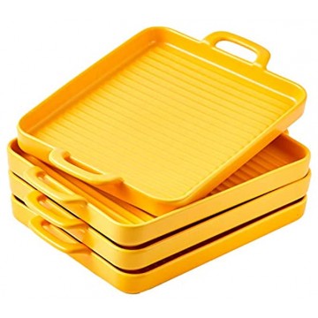 Bruntmor 8.5" x 7 Set Of 4 Porcelain Matte Oven to Table Bakeware Dinner Plates for Oven Roasting Lasagna Pan with Handle Square Dish Yellow