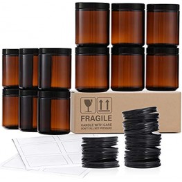 12 Pack 8 OZ Thick Amber Round Glass Jars with 12 Metal Lids & 12 Plastic Lids Empty Candle Jar Food Storage Containers Canning Jar For Spice Powder Liquid Sample Leakproof & Dishwasher Safe