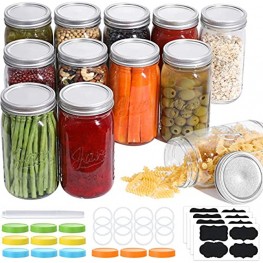 12 Pcs Wide Mouth Mason Jars 32 Oz Large Canning Jars with Lids and Bands Colored Plastic Jar Lids Blank Labels and Chalk Marker Leak-Proof Airtight Lids for Food Storage Canning Favors