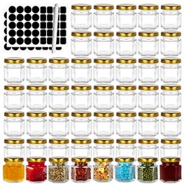 1.5 oz Hexagon Glass Jars with Golden Lids. Mini Canning Jars Containers for Spice Jam,Jelly Wedding Favors Honey And More. Set of 48 Pack Small Jars.Include 1 Chalk Pen and 80 Labels.