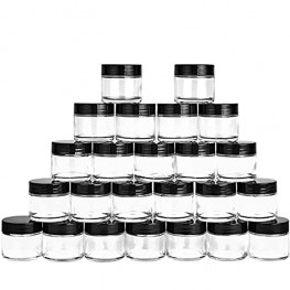 2oz Glass Jars 24 Pack Hoa Kinh Mini Round Clear Glass Jars with Inner Liners and Black Lids Perfect for Storing Lotions Powders and Ointments.