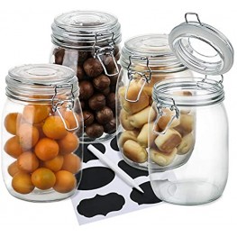 4 Pack Wide Mouth Mason Jars OAMCEG 34oz Airtight Glass Canning Jars with Leak Proof Rubber Gasket and Clip Top Lids Perfect for Storing Coffee Sugar Flour or Sweets 8 Labels & 1 Chalk Marker