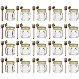 Adabocute 1.5 oz 20 pack Hexagon Mini Glass Honey Jars with Wood Dipper Gold Lid Bee Pendants Perfect for Baby Shower Wedding Favors Party Favors